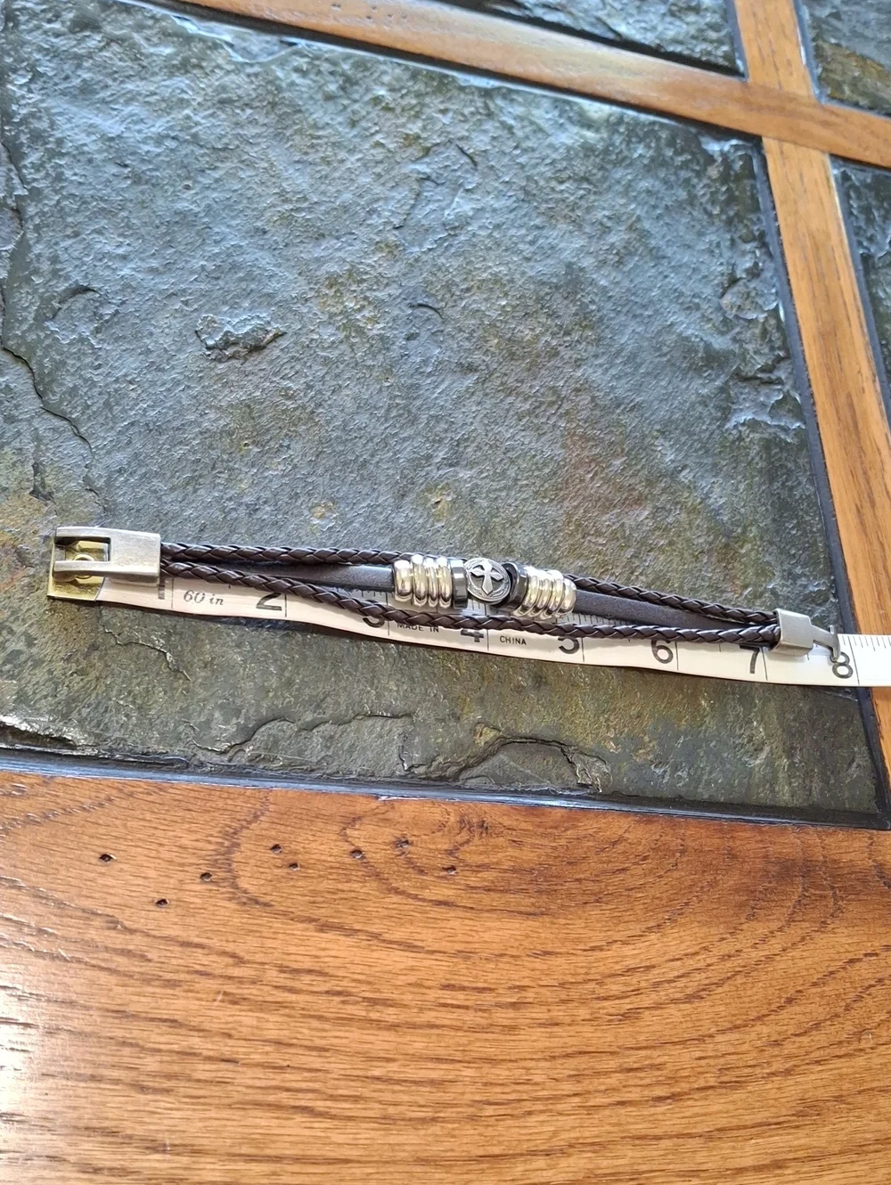 Black Leather Cross Bracelet with Metal Beads